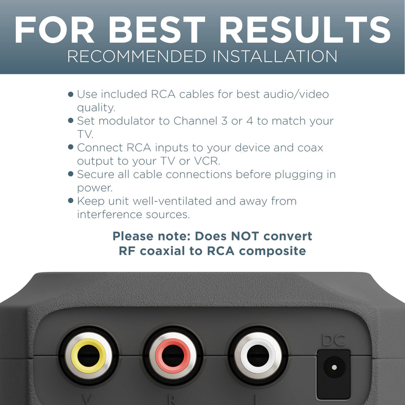 THE CIMPLE CO - RF Modulator, RCA Composite to RF Coaxial Adapter, Converts Standard Definition Signals to Coax, Watch DVD, VHS, Game Consoles on TV, Includes A/V Cable, Does Not Work in Reverse