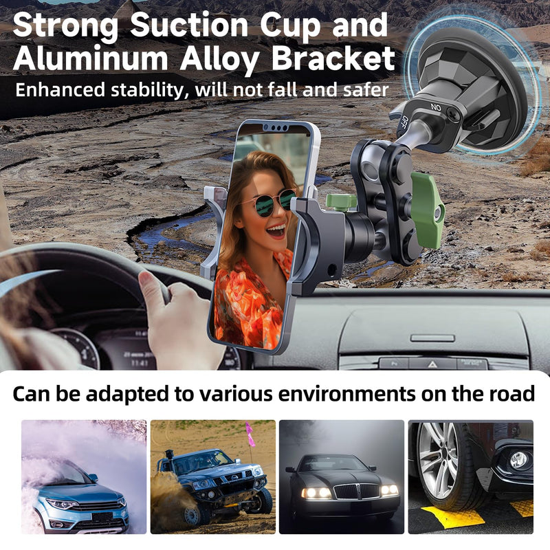 HEMMOTOP Suction Cup Car Phone Holder, 12in, Metal | Vibration Resistance, Heavy Duty, 360° Rotation, Strong Suction for Windshield, for iPhone All Smartphone & Cars Truck Clamp