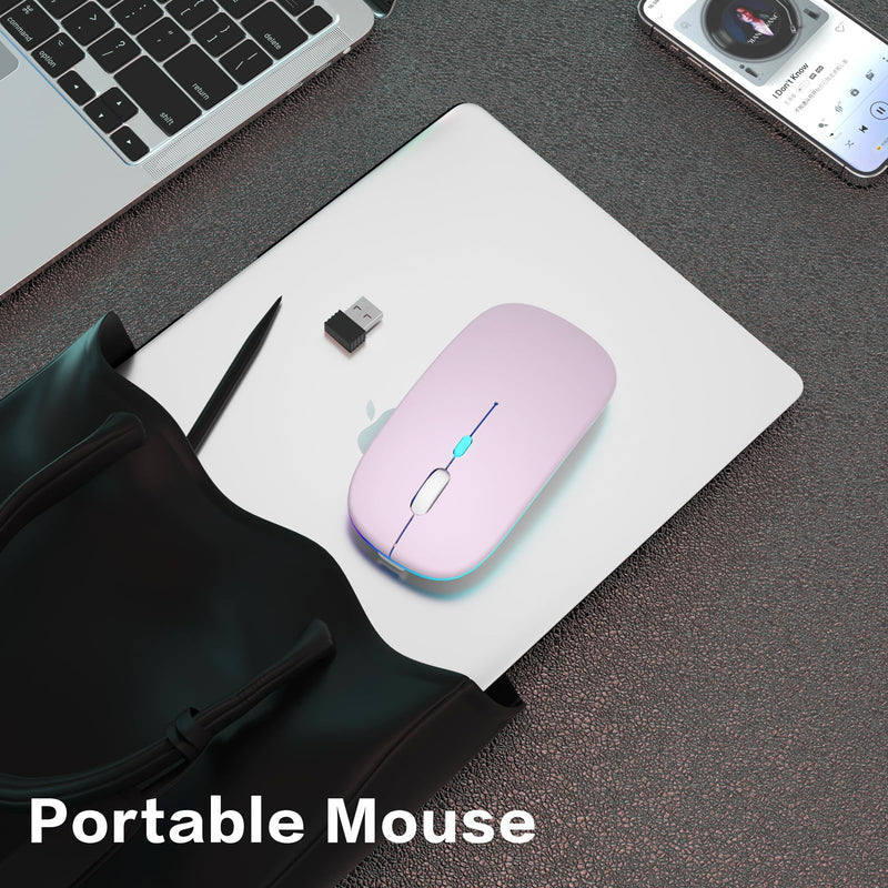 Wireless Bluetooth Mouse,LED Rechargeable Laptop Mouse.Portable Computer Mice use(BT5.2 and USB 2.4G) Dual Mode Connection,Silent,Slim,for Apple Laptop/ipad Tablet/Mac/PC. (Pink) Pink