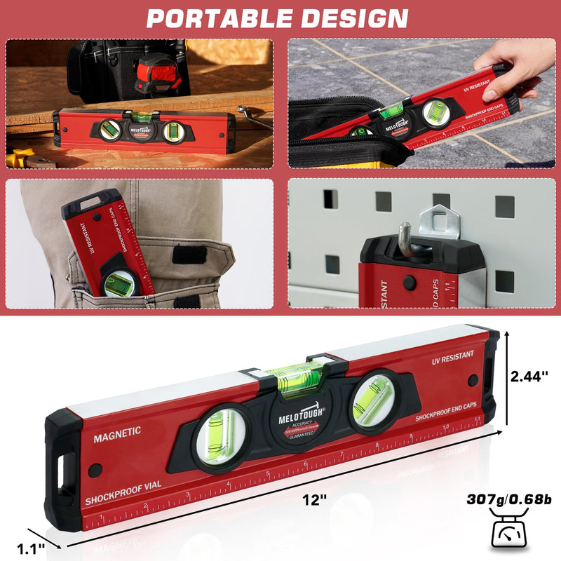 MELOTOUGH 12 Inch Torpedo Level Magnetic,Small Leveler Tool,Aluminum Level with Inch Scale,45°/90°/180°Vial Bubble Level(Red) Red