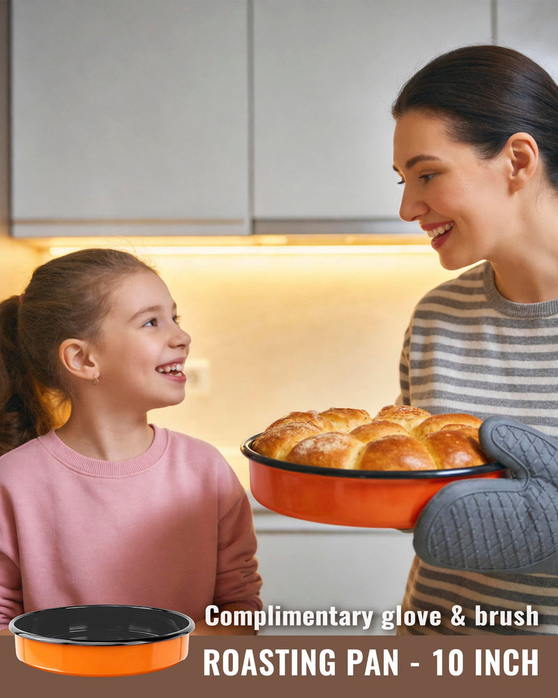10 Inch Enamel Round Roasting Pan Deep Baking Dish for Chicken Pizza & Bread Heat Resistance Easy-To-Clean Bakeware Sheet Oven Dishwasher Safe, Birthday Gift Cake Pan Orange - 10 Inch