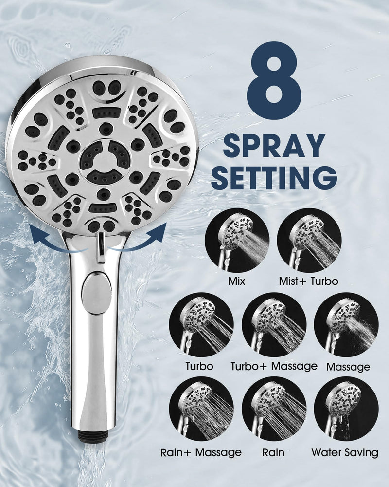 Handheld Shower Head with 6.56ft Extra Long Hose, On Off Switch 8-Seting High Preesure Hand Held Showerhead, Low-Reach Adhesive Holder for Kid, Disable& Elder (Chrome) Chrome