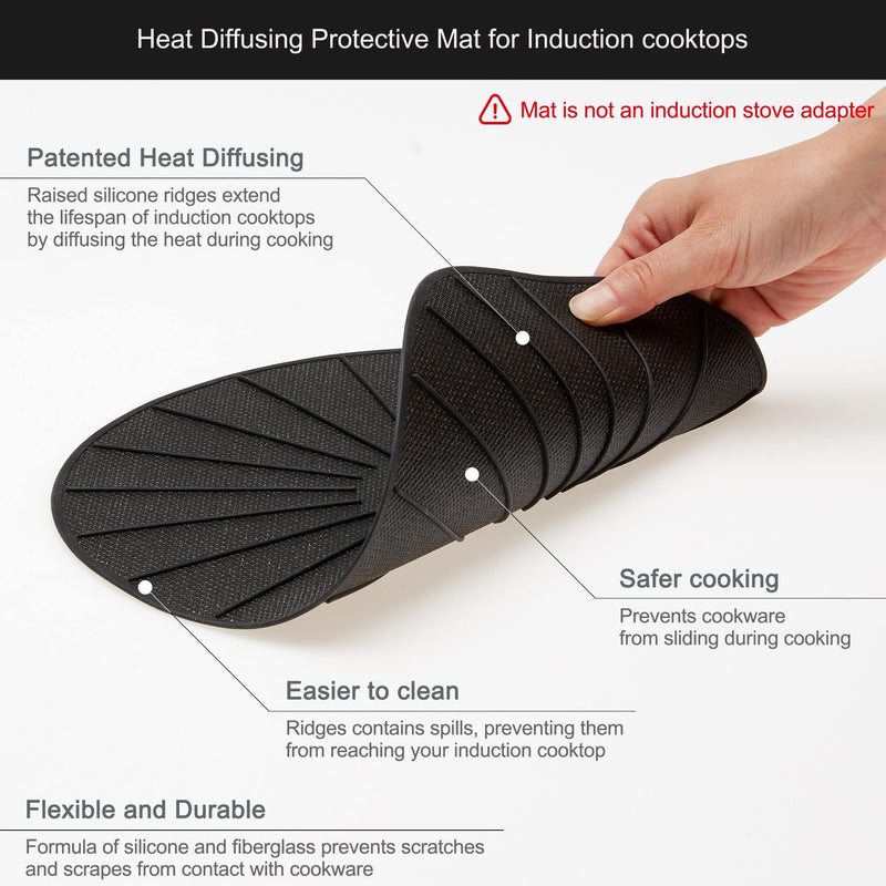 Lazy K Induction Cooktop Mat - Silicone Fiberglass Scratch Protector - for Magnetic Stove - Non Slip Pads to Prevent Pots from Sliding During Cooking_ Black (11inches) 11inches- L(BK)