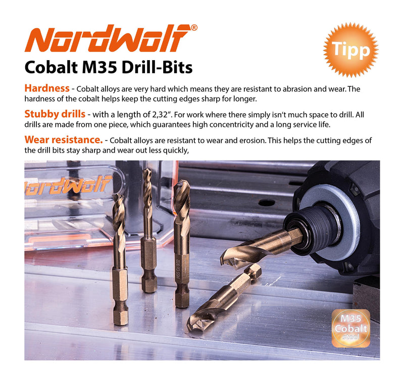 NordWolf 5-Piece M35 Cobalt Stubby Drill Bit Set for Stainless Steel & Hard Metals, with 1/4" Hex Shank for Quick Chucks & Impact Drivers, SAE Sizes 5/32"-13/64"-9/32"-11/32"-3/8" in Storage Box 5/32" to 3/8" (5 Pcs)
