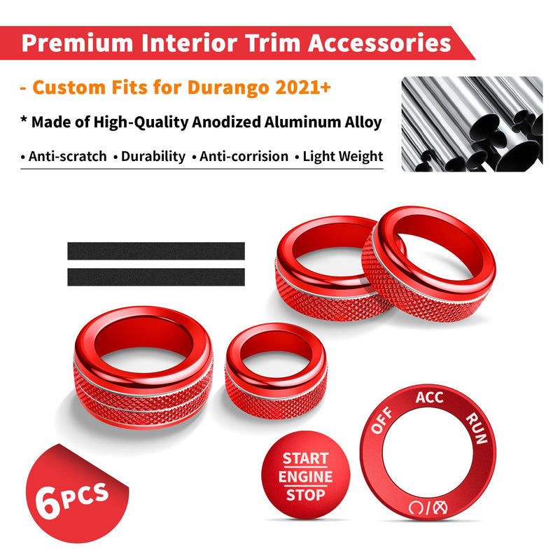 Interior Accessories for Dodge Durango 2021-2025, 6pcs Aluminum Alloy Trim Set - Push Start Button Cover/Ring, A/C, Volume Tune, Headlight Switch Knob Covers (Red) Red