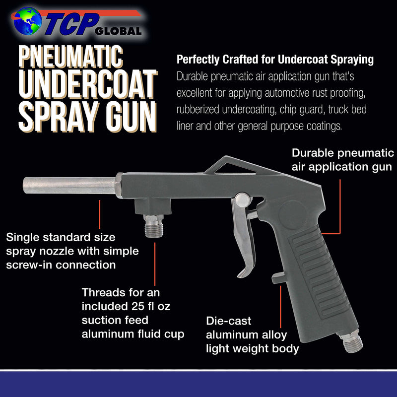 TCP Global Air Undercoating Spray Gun with Suction Feed Cup - Apply Sprayable Truck Bed Liner Coating, Rubberized Undercoat, Rust Proofing, Chip Guard Paint - Pneumatic Automotive Application Sprayer