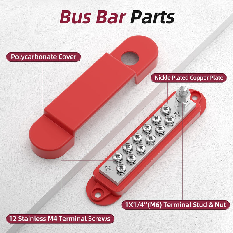 Bus Bar 12V 150A Power Distribution Block 1/4" Stud & 12 x #8 Terminal Screws 12 Volt Positive Battery Marine Bus Bar for Solar Battery Wiring, Marine, Boat and Automotive Red