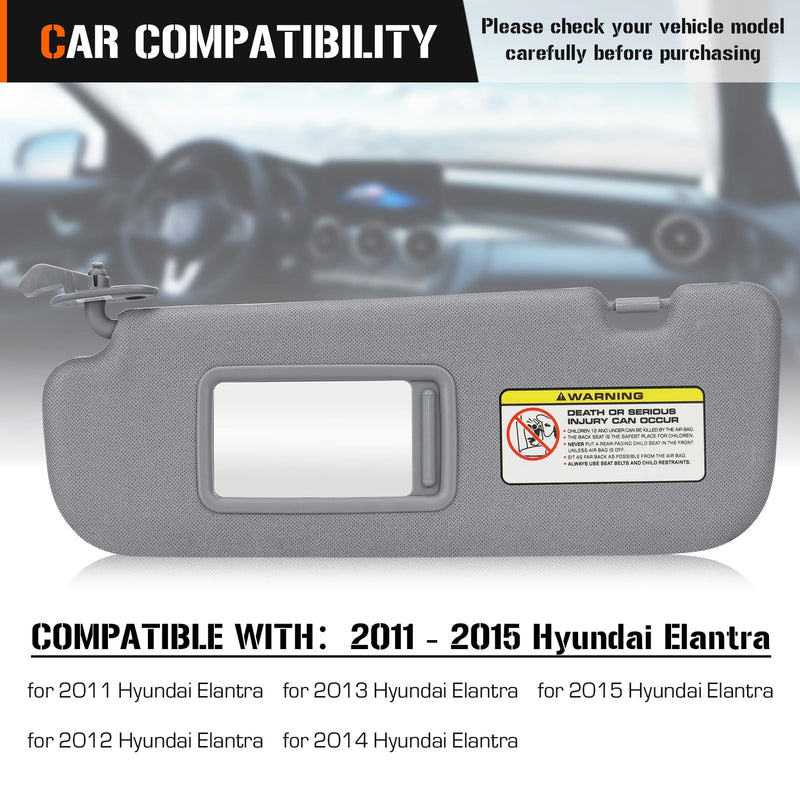 Sun Visor for 2011-2015 Hyundai Elantra, Left Driver Side Gray Sunvisor (NOT fit GT Model) Replacement 852103X000TX (Grey) Left Grey