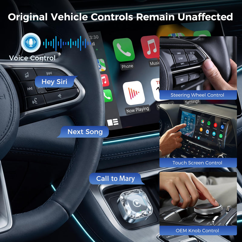 2-in-1 Wireless CarPlay& Android Auto Adapter | Easy Setup, Quick Heat Dissipation, Supports 1000+ Cars with Built-in Wired Car Play/Android Auto, Diamond Distinctive Design