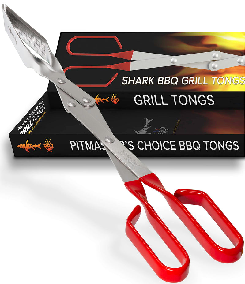 Shark BBQ Grill Tongs - 17 inch Red. Professional kitchen and outdoor grilling utensil. Long reach Barbeque Grilling Tongs. Ideal for steak, fish, burger, and sausage Red Long-reach