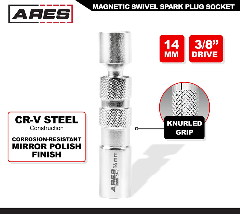 ARES 11000-14mm Thin Wall Magnetic Swivel Spark Plug Socket - 3/8-Inch Drive 12-Point Spark Plug Socket - Walls 2mm Thinner Than Standard Spark Plug Sockets 14mm Swivel Spark Plug Socket