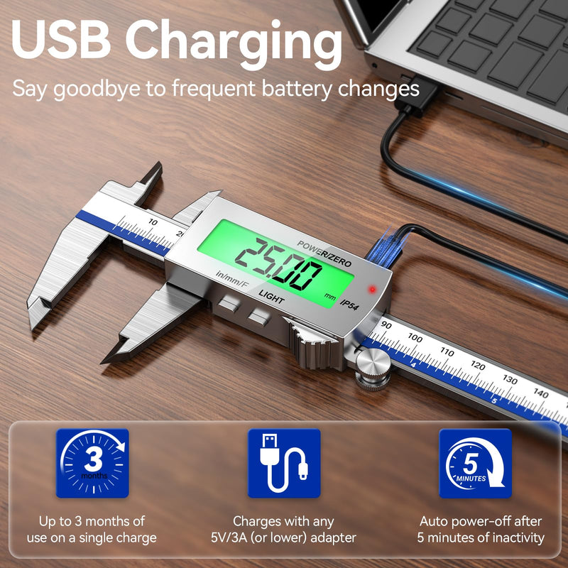 Preciva Backlight Digital Caliper, 6 Inch Rechargeable Electronic Micrometer with IP54 Waterproof and Large LCD Screen Conversions for in/MM/F Precision Measuring Tool for DIY/Professional Use