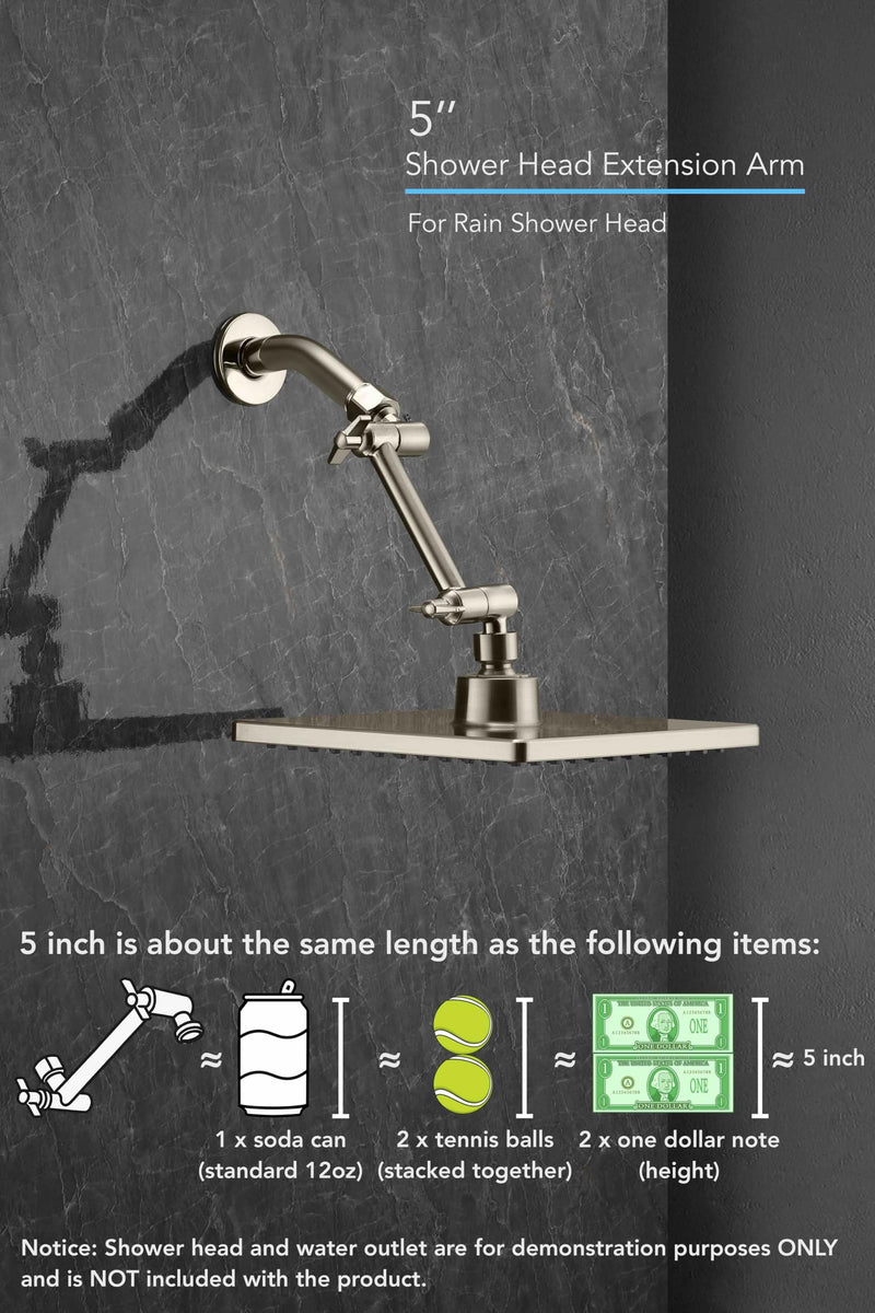 5 Inch Adjustable Shower Head Extension Arm With Locking Set Screw, Singing Rain 304 Stainless Steel Nickel Brushed Angle Height Adjustable, G1/2 Universal Connector Compatible (Nickel Brushed) 5 inch 2. Nickel Brushed