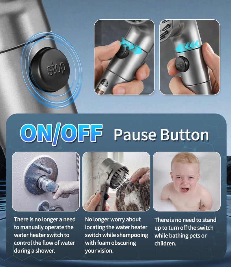 Ion Drops Filtered Shower Head with Handheld, High Pressure Water Flow Filter Showerhead for Hard Water Boosting with ON/OFF Switch and Rotatable Head (Silver gray) Silver gray