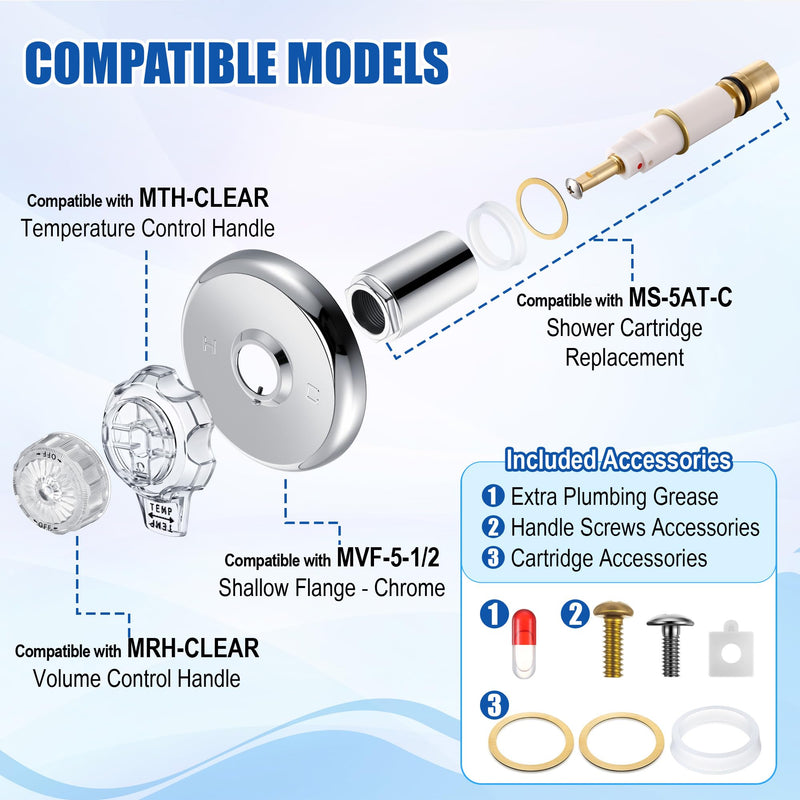 Single Lever Tub and Shower Rebuild Kit, Compatible with Mixet Shower Valves Repair Parts, Includes Cartridge Stem, Shallow Flange, Temperature and Volume Control Handle (Clear Handle)