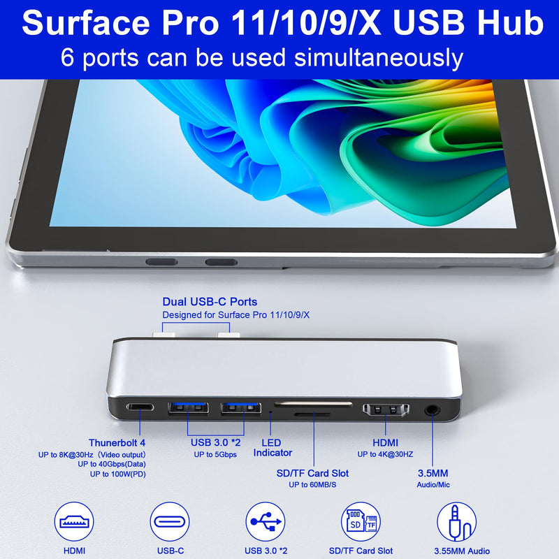 Surface Pro 11 USB C Adapter, Surface Pro 9 Hub Docking Station with 4K HDMI, Thunerbolt 4 (8K Video+Data+100W PD), 2*USB 3.0, 3.5mm Audio, SD/TF, USB C Hub for Surface Pro 11 Copilot/10/9/X slivery