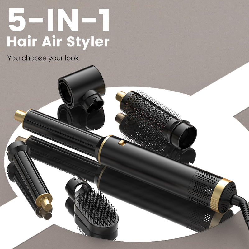 5 in 1 Hair Styler 5 in 1 Magic Styler, Air Styler Set with Curl Straighten, Volumise, Smooth and Drying for Styling, Hot Air Styler for All Hair Type/Length Black Gold