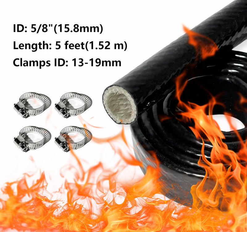 5/8" ID Heat Shielded Fire Sleeve Thermo Armor Silicone Coated Fiberglass Heat Protection w/ 4 Clamps for Automotive Hose Lines & Electrical Wiring - Black 5FT 5/8'' ID - 5FT