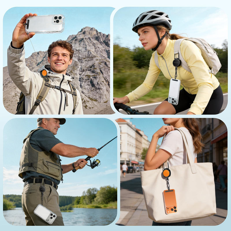 Anti-theft Phone Tether, Retractable Steel Line Phone Lanyard | Cell Phone Strap with Metal 360° Tether Tab and Carabiner for Outdoor Skiing Hiking Climbing Fishing Travelling, Black