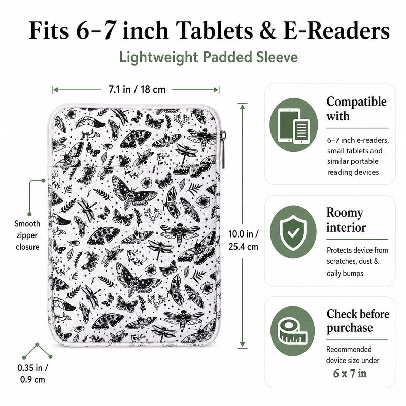 Padded Ereader Sleeve Pouch - Protective Book Sleeve for Kindle | 6-7 Inch Moth Print Tablet Bag Carrying Reading Accessories for Paperbacks Bookish Gifts for Bookworms Reading Lovers Friends