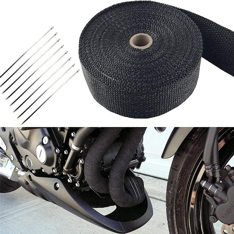 Black Exhaust Heat Wrap, Foneso 2'' x 16.5' Exhaust Header Wrap Tape Fiberglass Heat Shield Tape with 10pcs Stainless Steel Ties for Motorcycle Car Truck 16.5ft