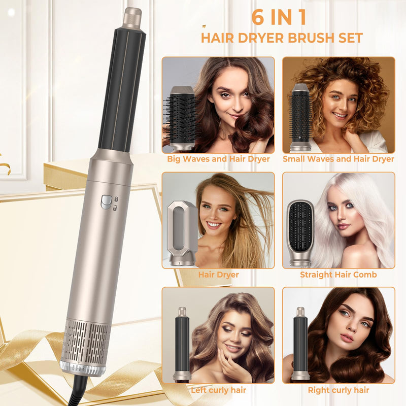 6 in 1 Hair Styler,Airbrush Air Styler 1000w Blow Dryer Brush Set | 30mm Air Curler, Hair Styling Tool Multistyler, Smooth Shine Volumize Curl Straighten Brush,Blow-Out Look Sliverygold