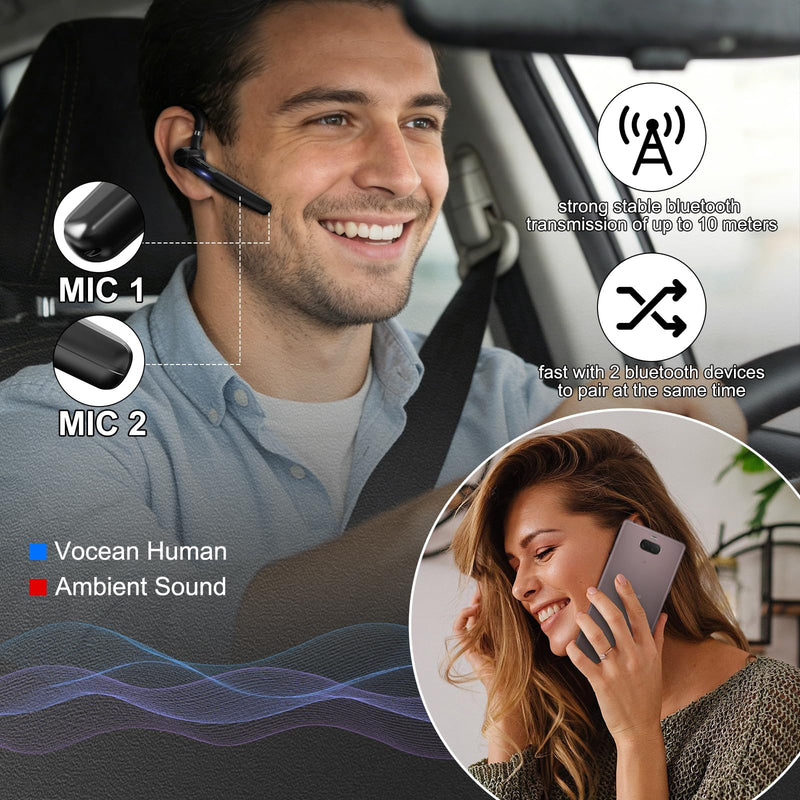 Bluetooth 5.3 Headset, 60Hrs Single Ear Earpiece with Mic | LED Charging Case, Noise Cancelling Mic, Hands-Free Calls for Business, Driving & Meetings Black