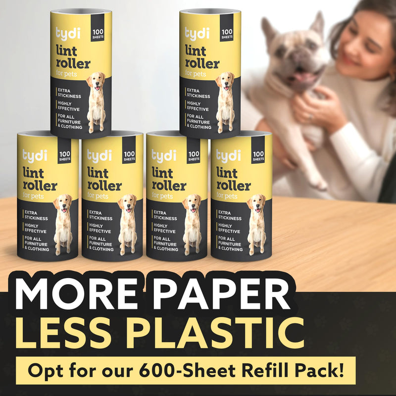 Tydi Pet Hair Lint Rollers, 500 Sheets with 2 Handles | 100 per roll · Reusable design · Also lifts fluff from clothes 5 Rolls + 2 Handles
