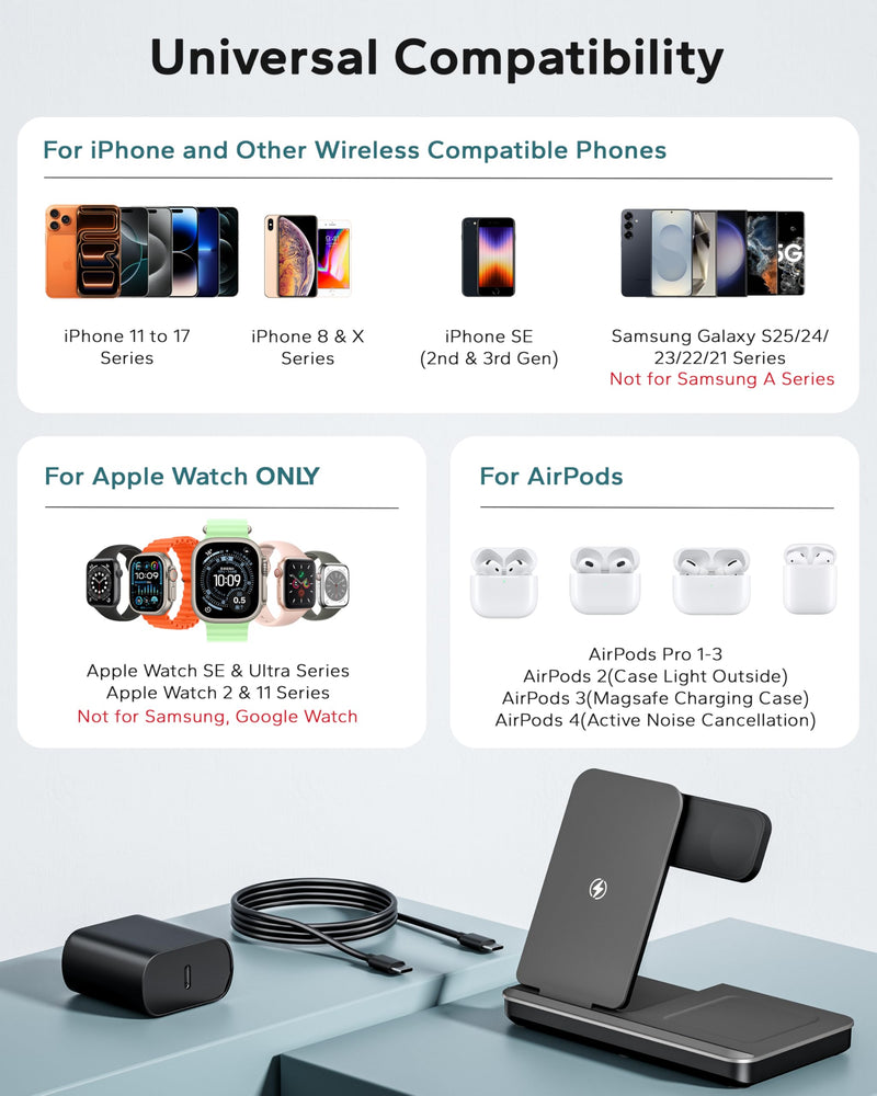 3 in 1 Charging Station for Apple, Foldable Wireless Charger Stand for iPhone 17 16 15 14, Fast Travel Phone Charging Dock for Multiple Devices for Apple Watch Ultra 11 10 9 8, AirPods 4 3 Pro Gray