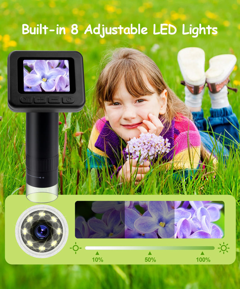 Handheld Microscope for Kids - 1000X Portable Microscope for Kids, Photo and Video Microscopes 2in Screen, Science Kit Gift for Kid Adults Boys Girls, Digital Coin Magnifier, 32GB, 5Pcs Sample Slides
