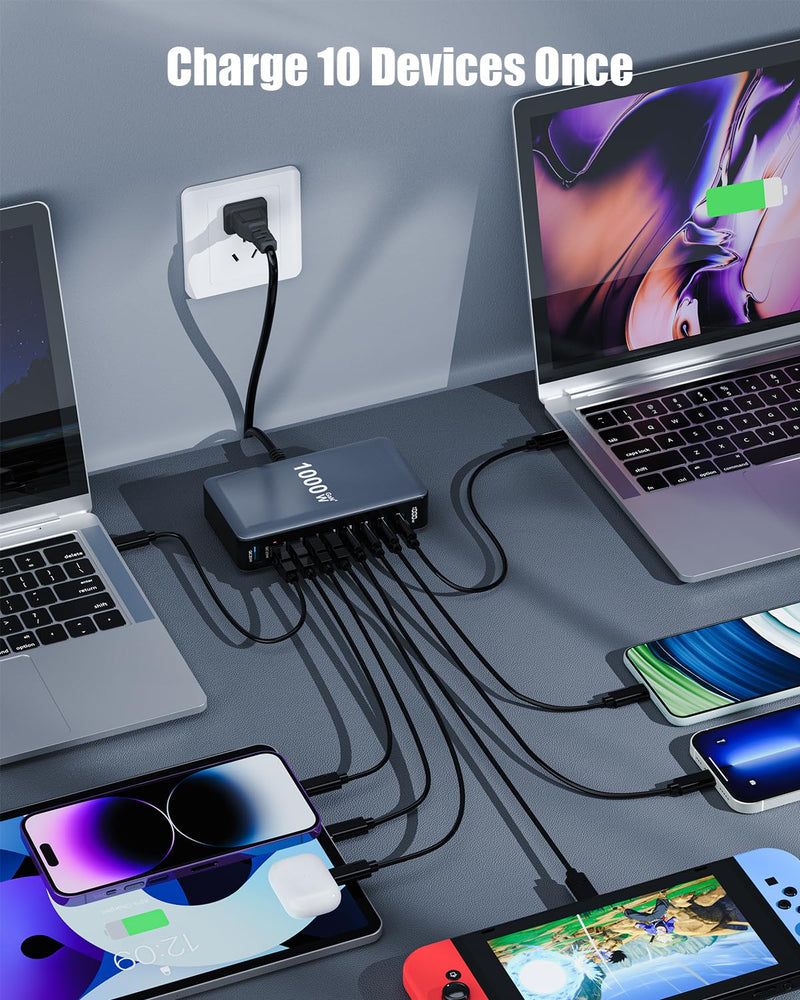 USB C Charger 1000W USB C Charger Block,Upgraded GaN IV 10-Port Charging Station Hub,Travel Essentials 140W Fast Charging Laptop Adapter for MacBook Pro/Air,DELL,Steam Deck,iPhone 17/16,Galaxy S25/24 | Upgraded Desktop Charger 140W Fast Charging Laptop...
