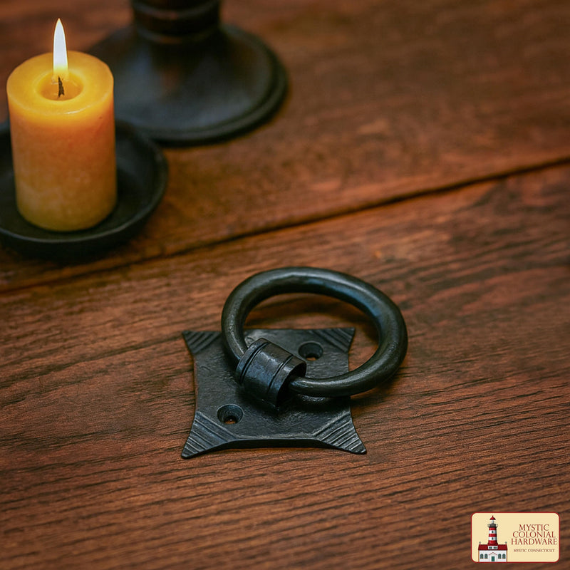 2 Pack Mystic Colonial Cast Iron Ring Pull Handles – Blackened Hammered Finish – Antique Style for Cabinet, Drawer & Cupboard Hardware with Screw - Hammered 2, Colonial Colonial - 2" x 2" - Pair