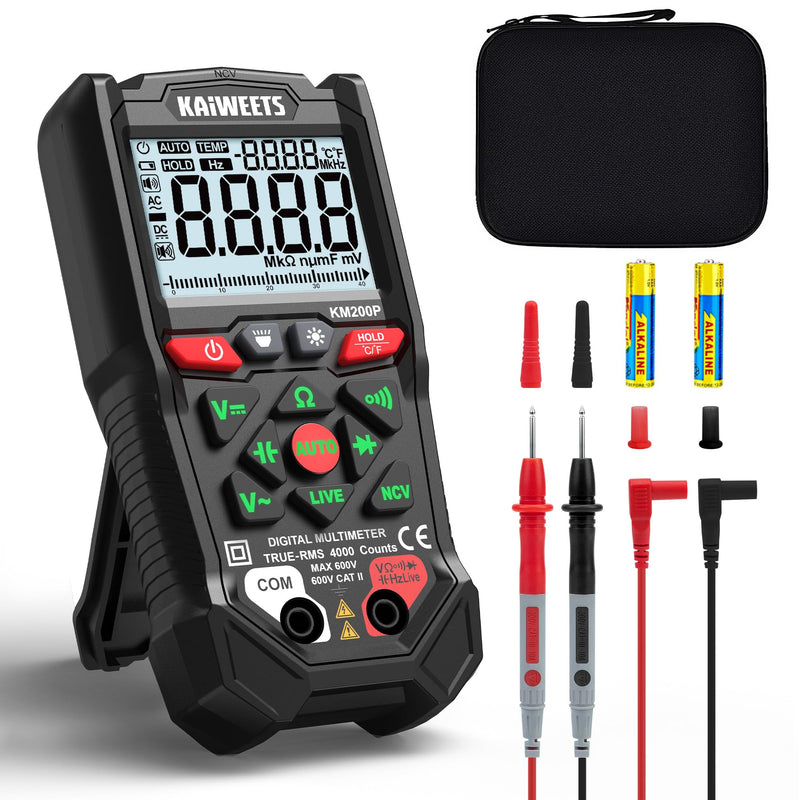 KAIWEETS KM200P Digital Multimeter, All Button Operation, TRMS Auto Ranging, 4000 Counts, NCV, Voltmeter Ohmmeter, Fast & Accurate Measure AC/DC Voltage, Resistance, Continuity, Capacitance