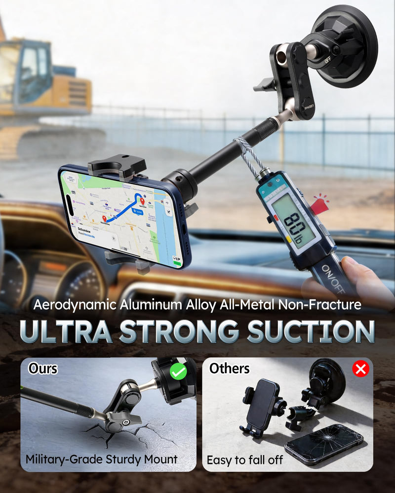 Semi Truck Phone Mount for Drivers, 360° Anti-Shake with Extension Rod | Class 8 Cab Suction Mount, Ultra-durable Metal, Fits Most Smartphones or Kenworth, Peterbilt, Freightliner Extended black