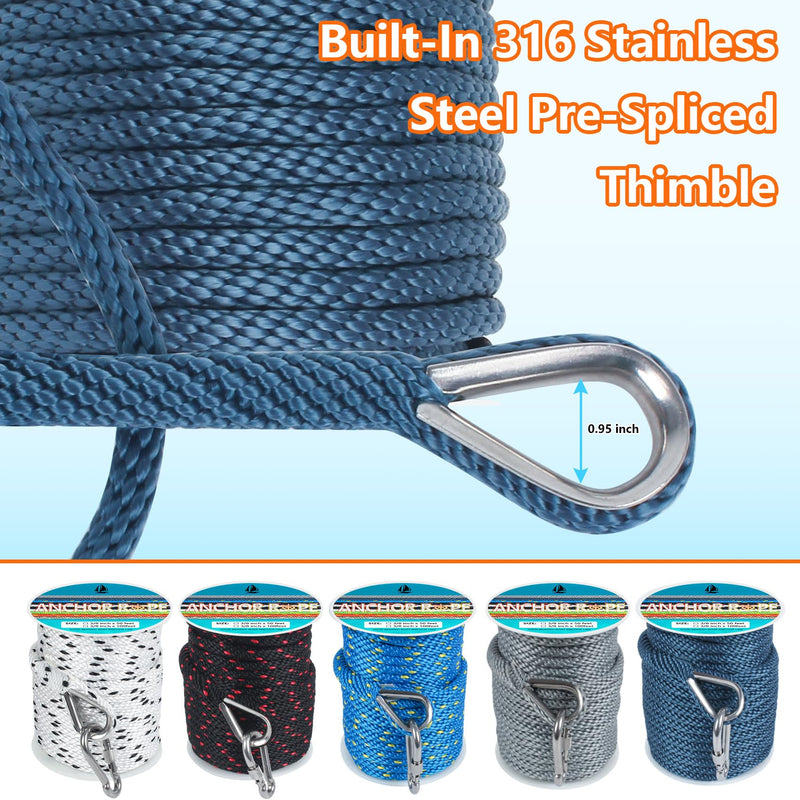 3/8 Inch 50 FT Anchor Rope, Boat Anchor Rope Solid Braid MFP, Anchor Line with 316 Stainless Steel Thimble and Snap Hook - Navy Blue 3/8inx50ft