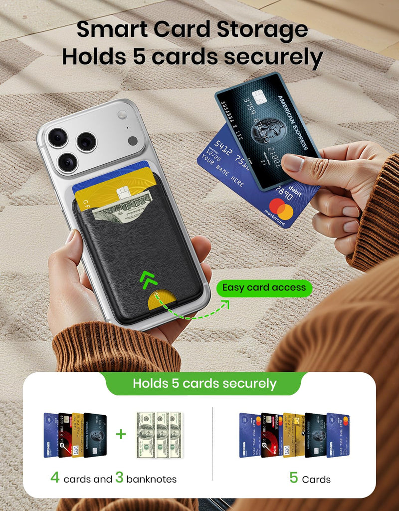 for MagSafe Wallet,Magnetic Card Holder,Vegan Leather,RFID Blocking | 3200G magnetic MagSafe wallet with RFID protection, premium vegan leather, and 5-card storage for secure everyday carry.