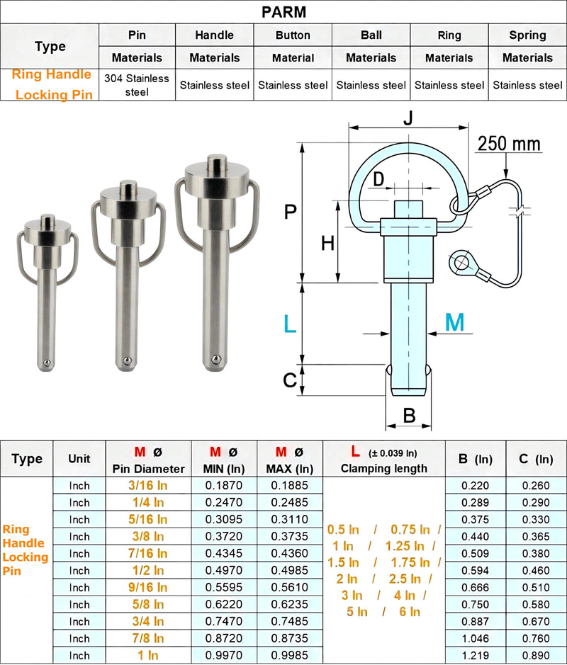 1 Pc Stainless Steel Ring Handle Locking Pin Ball Lock pins Quick Release pin with Button Locating pins Safety pins Dowels w/ Reinforced Lanyard (Dia.:1/2, 3in) Dia.:1/2