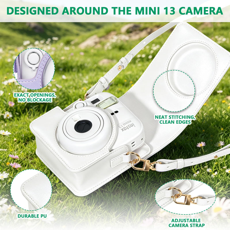 Camera Case for Fujifilm Instax Mini 13/12 Instant Camera, White | Mini 13 Camera Protective Case, Mini 13/12 Case Cover, PU Leather Bag, Pearlescent Stripes Bag, Adjustable Strap, No Camera