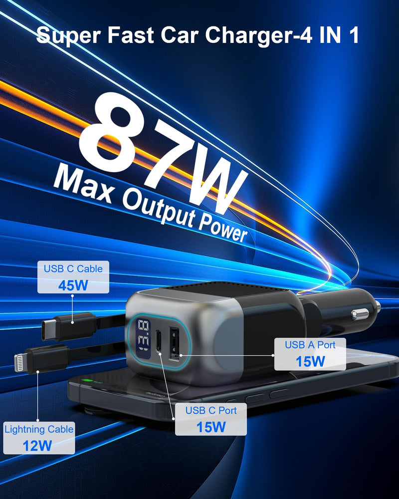 87W Retractable Car Charger, Cigarette Lighter USB Charger for iPhone 17 | 4-in-1 Car Phone Charger USB C Fast Charge Adapter for iPhone 17 16 15 14 13 12, Sumsung Travel Essentials Car Accessories USB C Cable / Lightning Cable