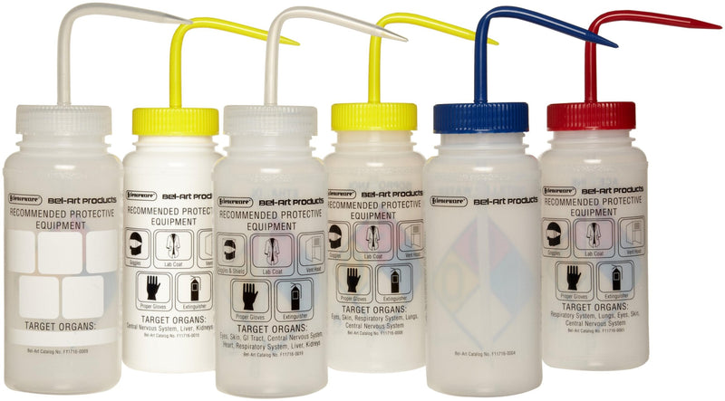 SP Bel-Art Safety-Labeled Assorted 4-Color Wide-Mouth Wash Bottles; 500ml (16oz), Polyethylene w/Polypropylene Cap, (Pack of 6) (F11716-0050) Made in USA 16.9 Ounces