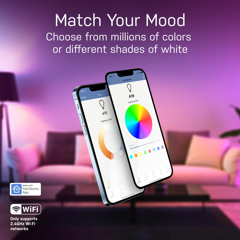 Feit Electric A19 Smart LED Light Bulb, 60W Equivalent, Dimmable, RGBW Color Changing, Alexa & Google Home Compatible, 2.4GHz Wi-Fi Enabled, 800 Lumens, 25,000-Hour Lifetime, OM60/RGBW/CA/AG/6, 6-Pack Rgbw + 60w 6 Count (Pack of 1)