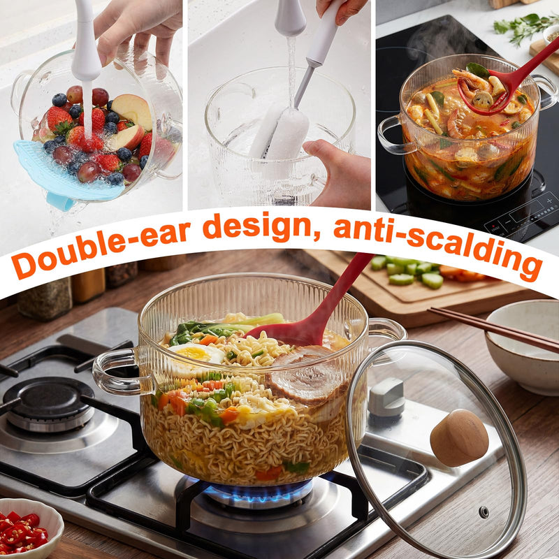 Jingmore Glass Simmer Pot 1.6L/54 oz for Stove with Lid and Strainer, Heat-Resistant Borosilicate Glass Pot for Cooking Soup, Pasta, Food Milk, Tea, Potpourri, Ideal for Stovetop Use (Clear) Ribbed
