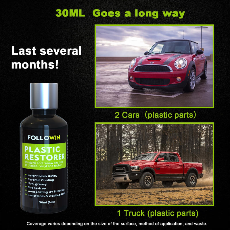 FOLLOWIN Plastic Restorer for Cars - Black Trim Restorer & Ceramic Coating, Resists Water, UV Rays, Dirt, Not a Dressing, Hydrophobic Protection, Highly Concentrated Formula,30ml 30ml