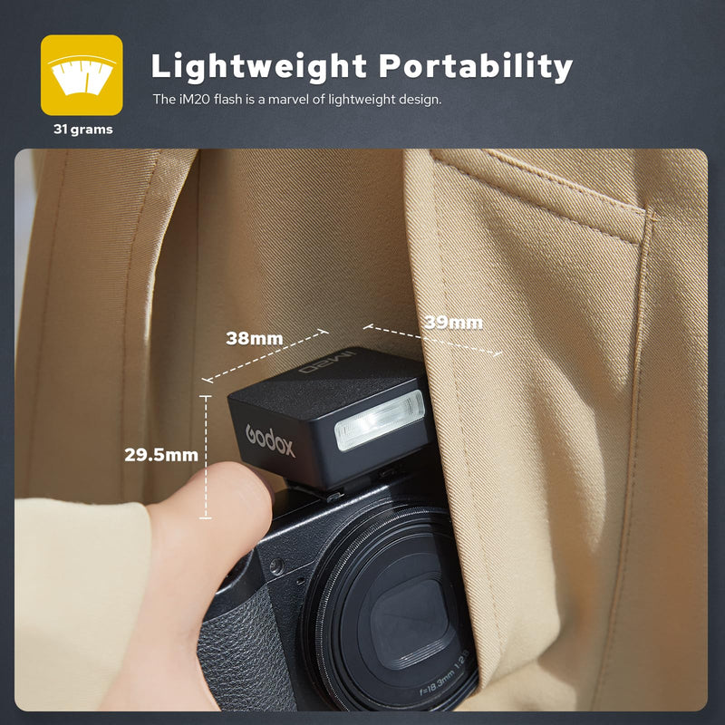 Godox IM20 Mini Flash Speedlite Super Portable with 470 mAh Li-Battery, USB-C Charging,3s Recycle Time 440 Full-Power Flashes 5 Power Levels Compatible with Fujifilm, Olympus, Canon, Nikon&Sony Camera