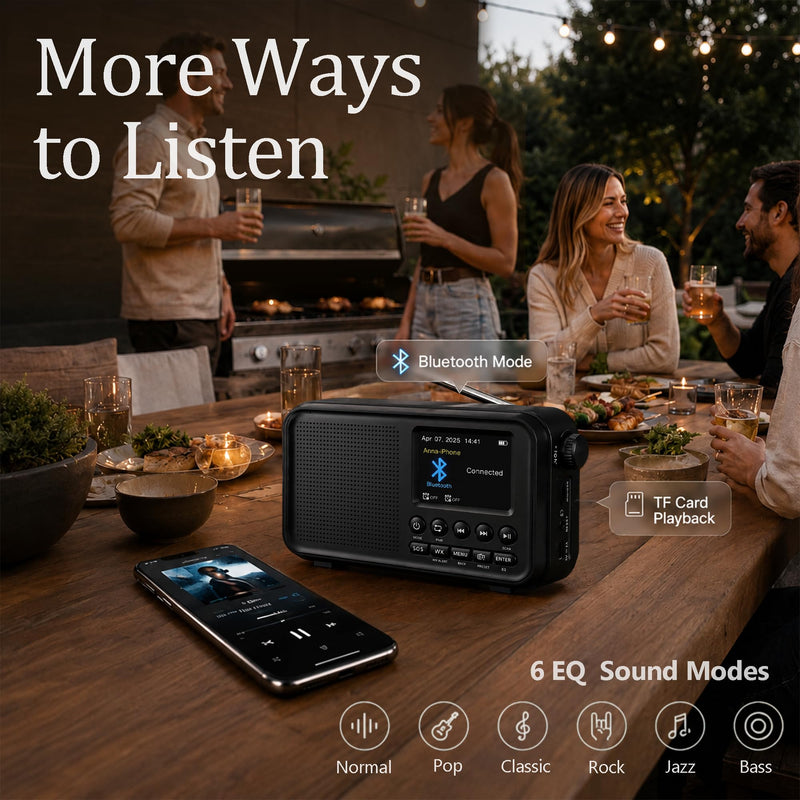 FM Radio with Bluetooth, NOAA Weather Band, 2.4" Color Screen, Rechargeable Portable Radio, Dual Alarms, microSD Playback, USB-C Charging, Headphone Jack for Home, Bedroom, Office & Travel Black