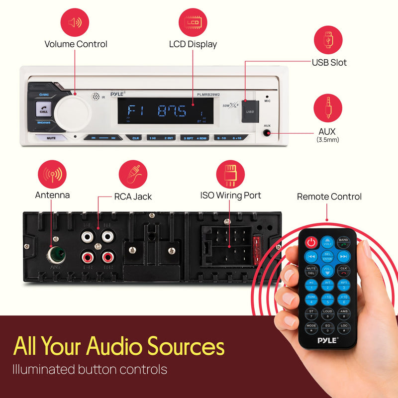Pyle Marine Radio Single DIN Receiver – Bluetooth Wireless Streaming, AM/FM Tuner, USB/AUX MP3 Playback, Hands-Free Calling, Remote Control, RGB Buttons, Splash-Resistant Stereo Upgrade White