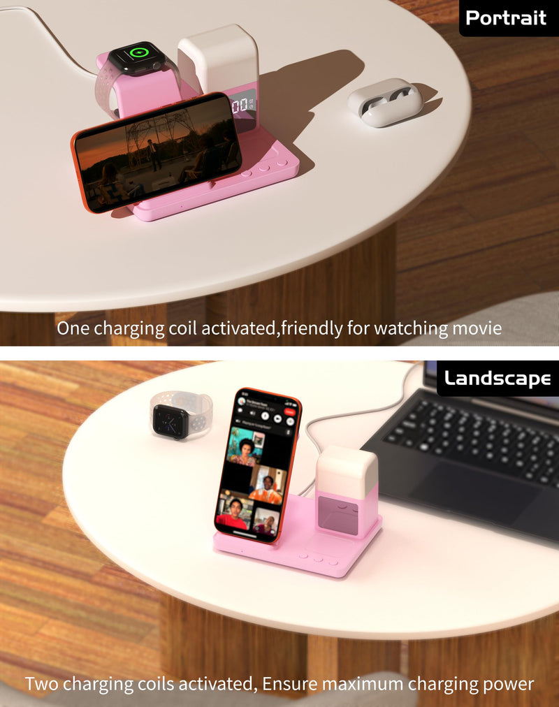 Wireless Charger for iPhone, 6in1 Fast Phone Charger Stand Dock Alarm Clock Night Light, Wireless Charging Station for Apple Watch, for Airpods 3/2/Pro, for iPhone 17/1615/14/13/12/11/Pro/Max (Pink) Pink