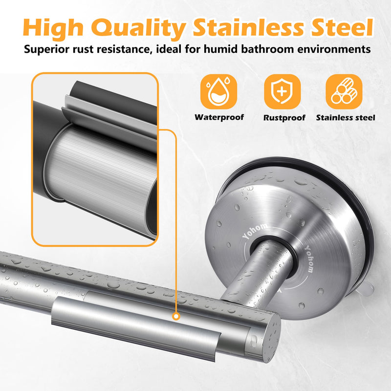 YOHOM Suction Cup Toilet Paper Holder No Drill Wall Mount Stainless Steel Tissue Roll Holder Strong Waterproof Bathroom Toilet Paper Holders,Brushed Finish, 2 PCS Silver