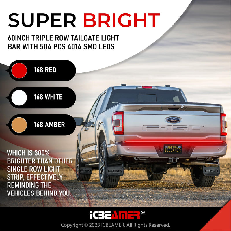 ICBEAMER Triple Row 60 inch 504 pcs LED for Pick up/Truck Tailgate Light Bar Side Bed Light Strip Bar IP67 Waterproof Reverse- 6 Functions Tail/Brake/Sequential/Turn Signals/Reverse/Flashing Lights Triple Rows