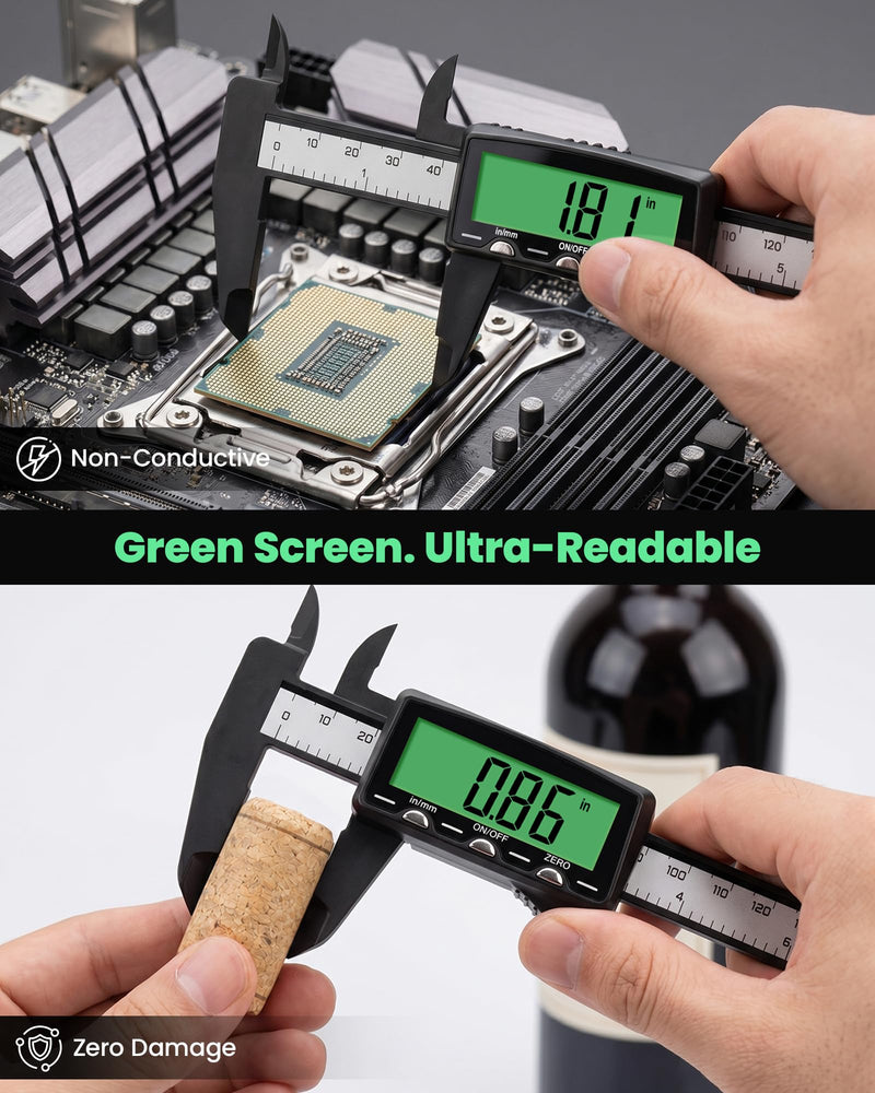 HARDELL Rechargeable Digital Caliper 6", Plastic Calipers with High-Contrast Green Screen (Non-Backlight), Inch/MM, Auto-Off - Everyday Measuring Tool for Woodworking, DIY, Jewelry Making & Household